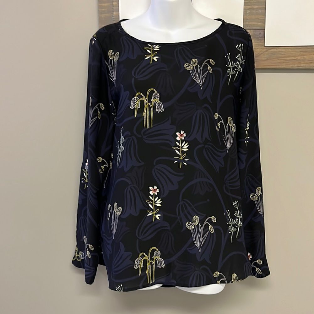 LOFT Black and Navy CrewNeck Floral Long Sleeve Blouse with Side Slits- Medium